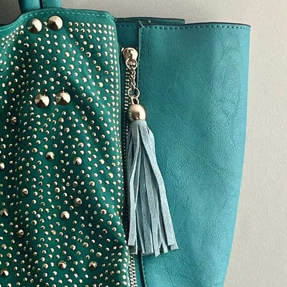 •SOLD•| Green Studded Embellishing Large Tote Fringe Contrast Lining - VG - Picture 3 of 9
